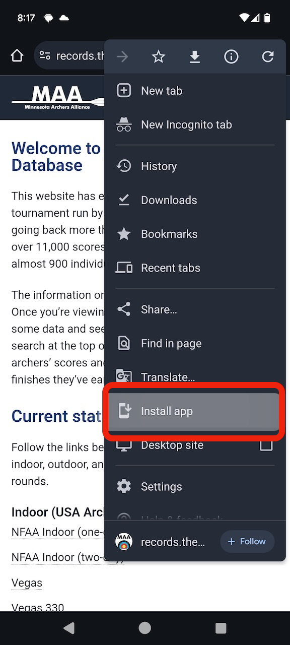 Share menu for Android device showing the 'Install app' option to save the webpage to the device’s homescreen